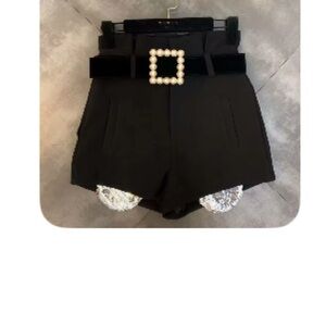 Elegant Black Women's Shorts with Pearl Buckle